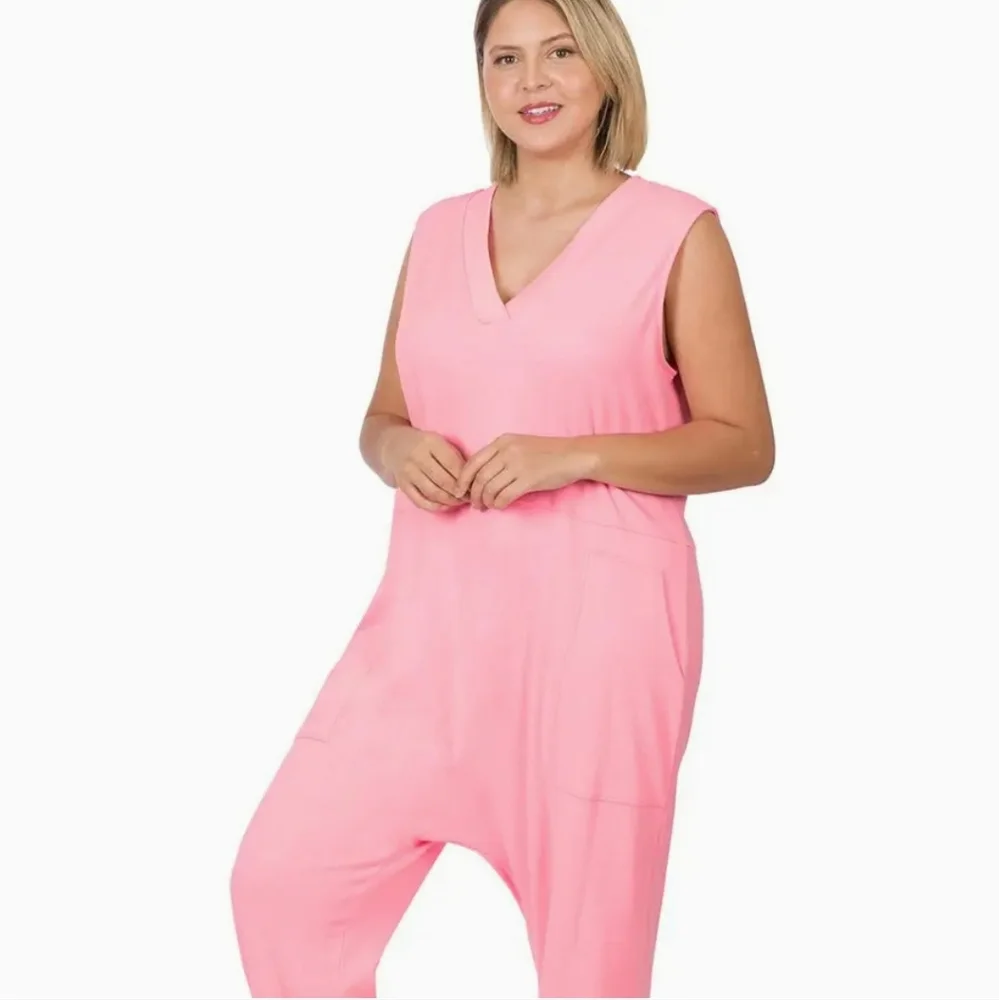 New ZENANA Plus Sleeveless Harem Pink Jumpsuit Pockets 2X - Picture 2 of 7